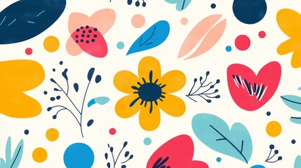 An enchanting array of colorful flowers and stylized leaves creates a harmonious pattern, blending grunge textures with a playful watercolor effect for an artistic expression of nature.
