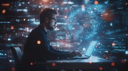 A focused professional working on a laptop amidst a dynamic digital backdrop in a contemporary workspace at night
