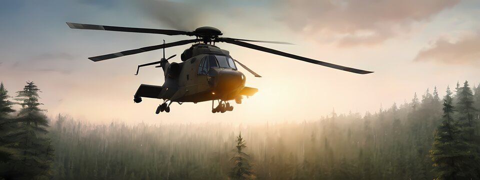 Military hellicopter flying over dense forest, Highly detailed concept design illustration