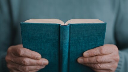 Hands holding an open book, showing focus on reading in a calm and quiet environment.