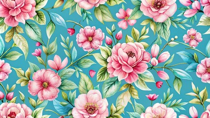 Watercolor pink flowers with leaf blossom seamless pattern painting on blue background