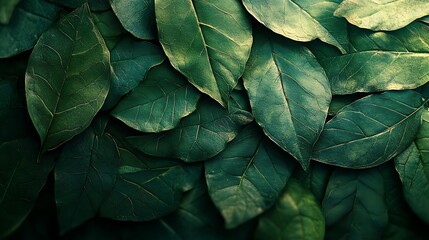 Obraz premium A striking background of overlapping leaves, rendered in hyper-realistic detail, with textures and veins clearly visible on every surface.