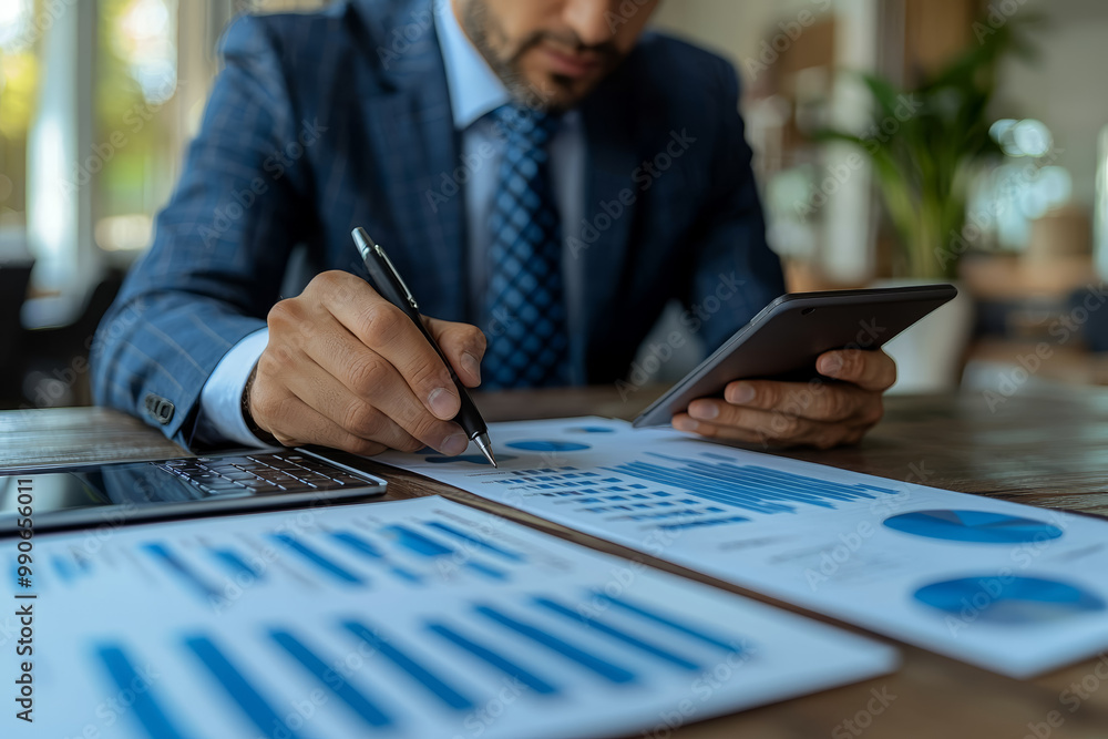 Poster a businessman reviewing reports at a minimalist table, with only a tablet and a notebook in sight.