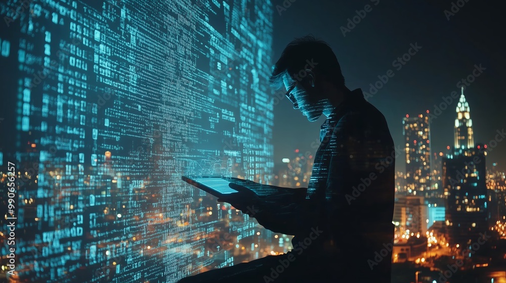 Poster a person analyzing data on a tablet with digital code projections against a city skyline during the 