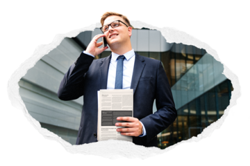 Businessman png talking on phone sticker, networking  photo in ripped paper badge, transparent background