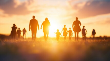 Family walking towards sunset silhouette