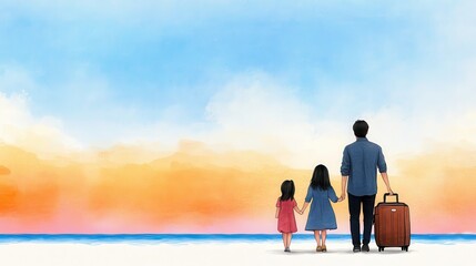 Fototapeta premium Family walking towards sunset with luggage