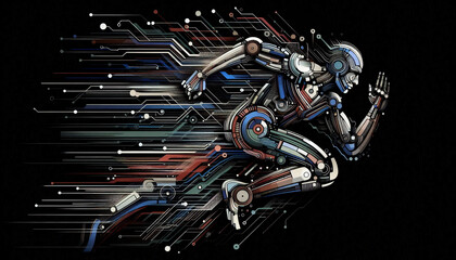 Futuristic robot runner with circuit patterns, symbolizing speed and technological advancement in a dynamic digital design