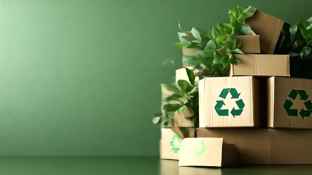 A neatly stacked pile of paper and cardboard, each piece prominently featuring the universal recycling symbol, placed against a soft