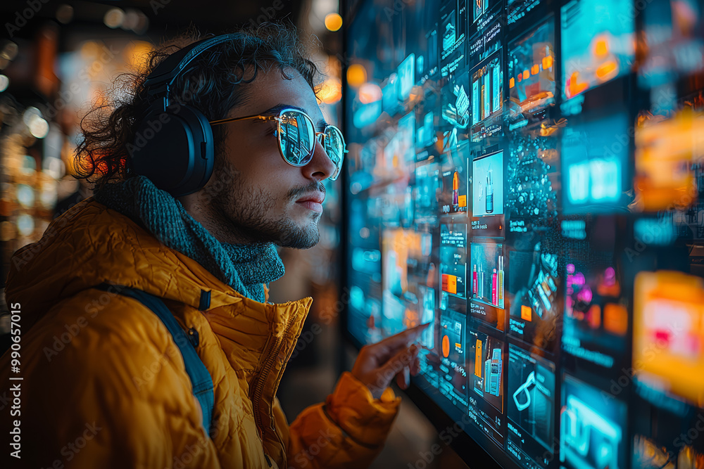 Poster an image of a person scrolling through product images on a high-resolution screen, showcasing an e-c