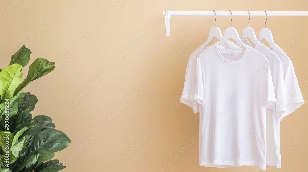 Poster Minimalist wardrobe display of elegant t-shirts and dresses hanging on a white rack in soft beige and cream tones