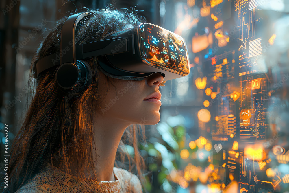 Poster an avatar participating in a virtual reality escape room, solving puzzles and navigating challenges 