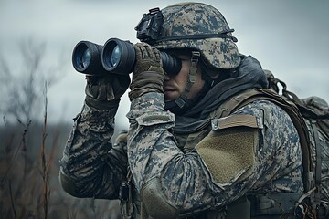 Soldier using binoculars during reconnaissance in a cloudy environment