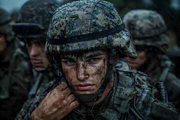 Obraz premium Soldiers in muddy gear face tough training conditions