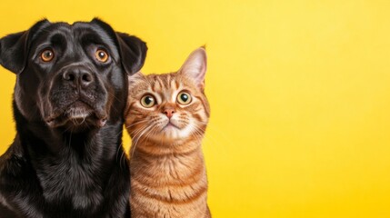 A delightful black dog and a curious brown cat pose closely side by side, showcasing their unique bond and expressions against a vibrant yellow backdrop.
