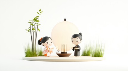Cute Figurines with Lantern and Bamboo Decoration