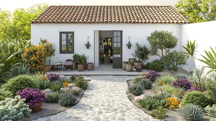 Fototapeta premium A charming Mediterranean-style villa with whitewashed stucco walls, rustic terracotta roof tiles, and a courtyard adorned with vibrant flowers, a stone pathway surrounded by lush greenery,