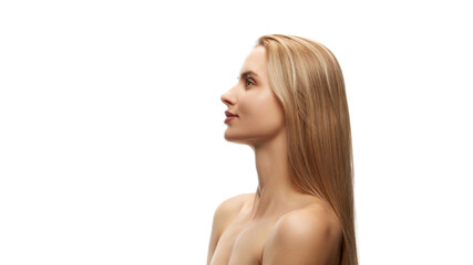 Sie view portrait of beautiful blonde woman with perfect face shape and spotless skin isolated on...