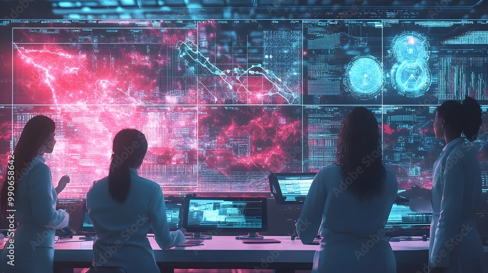 Poster women in a cybersecurity command center analyzing data on multiple monitors