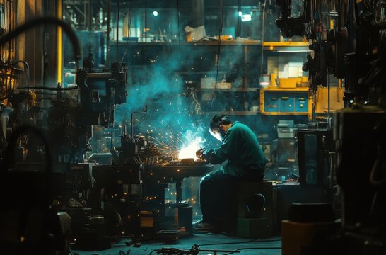 A worker in green overalls is welding at the factory, surrounded by various metal parts and tools, creating sparks of light blue color