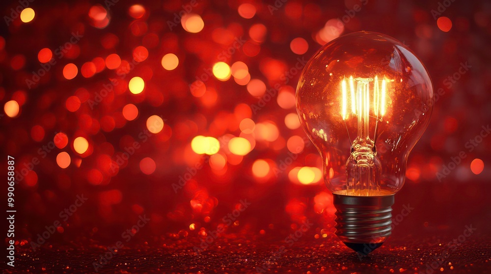 Aufkleber A glowing light bulb with a warm, golden glow against a background of sparkling bokeh lights.