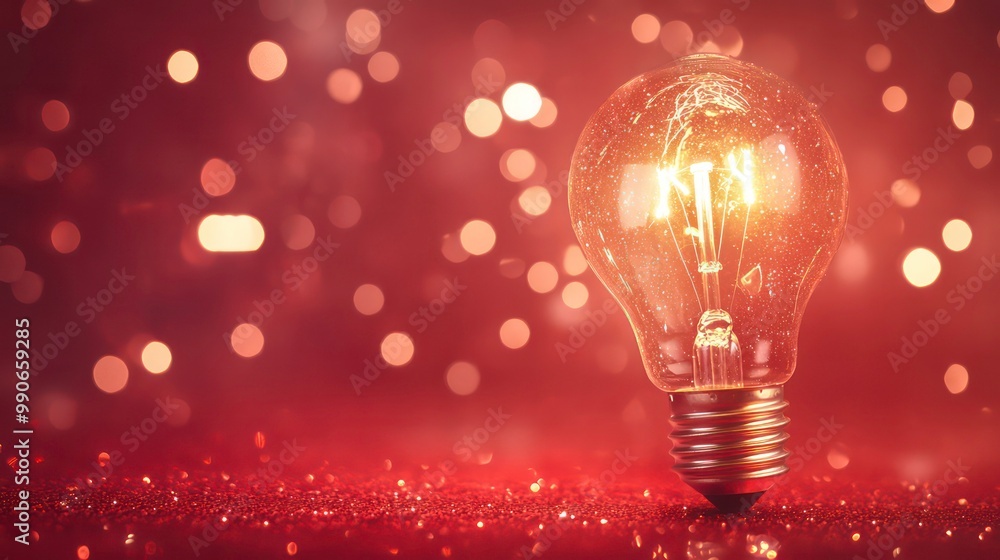 Aufkleber a glowing light bulb on a glittery surface with a bokeh background.