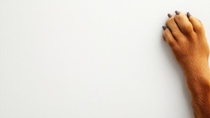 A close-up of a dog's paw rests delicately against a smooth white background, symbolizing the warmth of animal companionship and the joy of adoption.