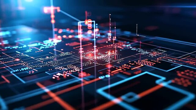 A futuristic abstract background with glowing digital puzzle pieces connecting, representing API integration and system interoperability