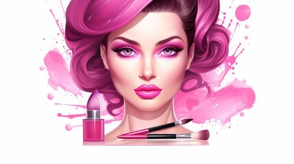 Beautiful woman face makeup with cosmetic brushes, lipstick and blush fashion illustration. Neural network ai generated art