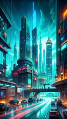 Cyberpunk Futuristic Cityscape – Neon Glow, Towering Skyscrapers, and a World of Innovation