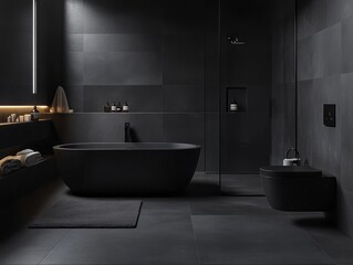 A bathroom with dark grey walls, grey flooring, and grey accents on accessories and towels. --ar 4:3 --v 6.1 Job ID: b4a60b5e-0b27-4dfd-a32d-96ba22ba6538