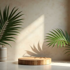Elegant Wood Podium Stand for Beauty and Cosmetic Products in Tropical Spa Interior with Stone Wall and Palm Leaf Shadow