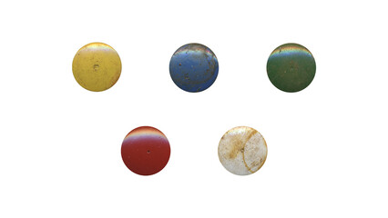 a set of colorful aged circles, rusty stationery tacks in png format, front view, isolated metal push rounded pins on transparent background	
