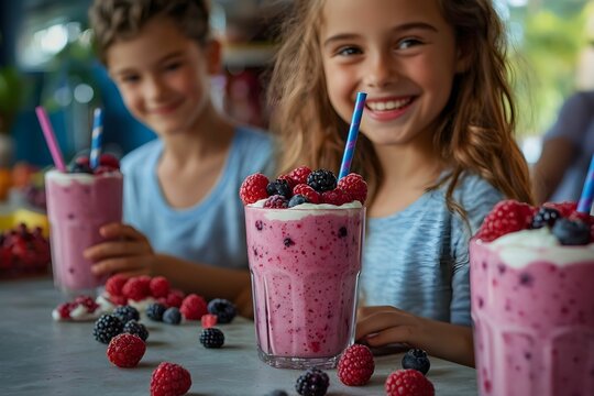 Children enjoying delicious berry smoothies at a sunny café