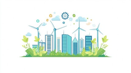 Fototapeta premium Flat illustration of wind energy, green trees and buildings on a white background with simple shapes
