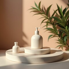 Luxury Natural Stone Podium Display for Beauty and Spa Products with Plant Shadow on Brown Background - Elegant Granite Aesthetic for Cosmetic Brand Showcase