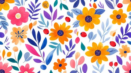 A vibrant collection of abstract flowers, leaves, and berries creates a lush floral tapestry that evokes a rustic vintage Provence ambiance on a bright white canvas.