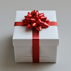 White gift box with red ribbon, blank white background for design. Made with generative ai.