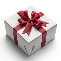 White gift box with red ribbon, blank white background for design. Made with generative ai.