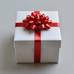 White gift box with red ribbon, blank white background for design. Made with generative ai.