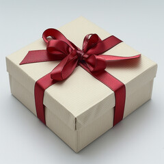 White gift box with red ribbon, blank white background for design. Made with generative ai.