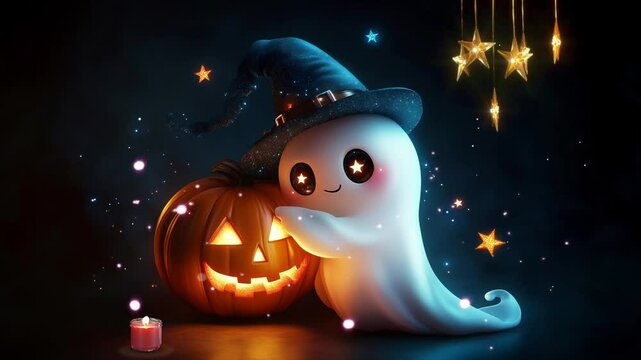 cute hat hugging a halloween pumpkin. Virtual 4K video animation background with looping time lapse with very smooth graphics.
