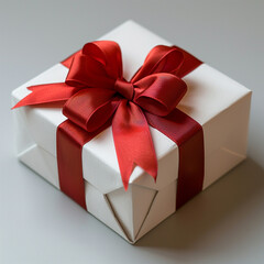 White gift box with red ribbon, blank white background for design. Made with generative ai.
