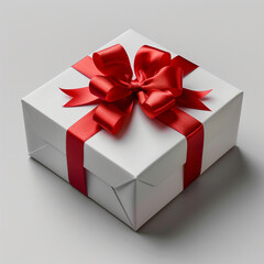 White gift box with red ribbon, blank white background for design. Made with generative ai.