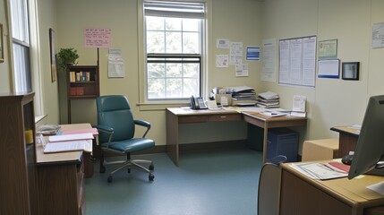 A simple office space with a desk, chair, and computer, designed for work and productivity.