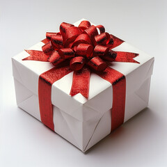White gift box with red ribbon, blank white background for design. Made with generative ai.