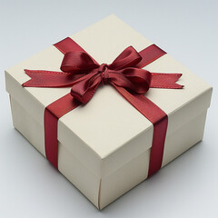 White gift box with red ribbon, blank white background for design. Made with generative ai.