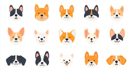 Fototapeta premium Delight in this charming collection of adorable dog heads, showcasing whimsical corgi, beagle, and poodle characters that radiate joy and personality.