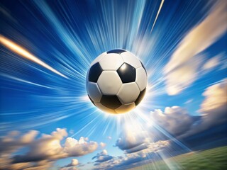 A blur of vibrant hues and motion, a soccer ball arcs through the air, its flight captured against