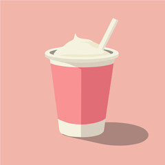 Minimalistic flat illustration of a yogurt cup with whipped topping and a spoon. A clean and modern vector perfect for food-related themes and health-conscious branding.